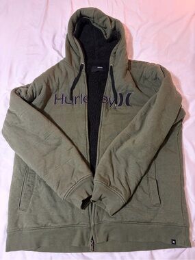 Hurley Olive Green Zip-Up Hoodie with Black Sherpa Lining